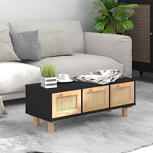 ZfiPhranillus Couchtisch Schwarz 80x40x30 cm mit 3 Rattan Schubladen, Massivholz Kiefernbeine, Modernes Design für Wohnzimmer Schlafzimmer Büro