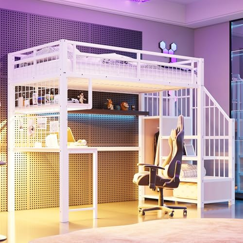 Qsddk Hochbett Kinderbett 90x200 cm mit Kleiderschrank und Schreibtisch, Jugendbett mit LED Lichtleiste und Aufbewahrungsleiter, Holzbett mit Rausfallschutz, Bett mit Lattenrost, Weiß, Ohne Matratze