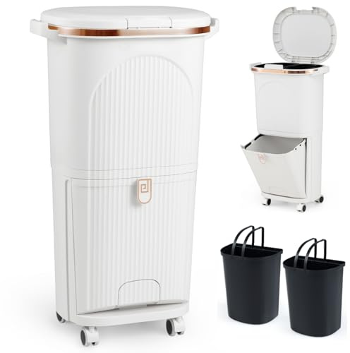 COSTWAY Recycling Bins, 38L/42L/43L Dry and Wet Separation Trash Can with 3 Compartments, Wheels, Stickers & Handle, Vertical Waste Separation System Pedal Garbage Can (White, 38L, 1 Lid)