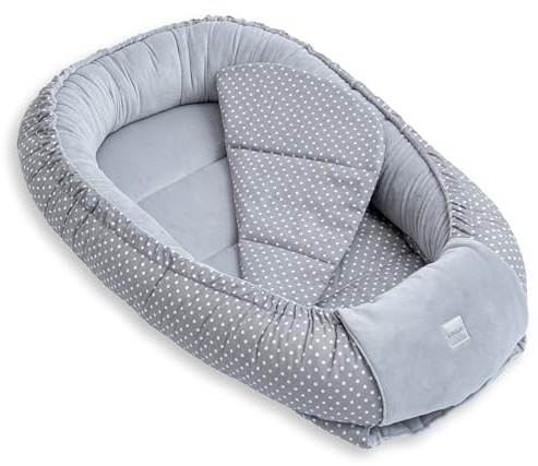 LOOLAY Babynest, Nestchen für Neugeborene – Baby Nestchen 91 × 63 cm mit Matratze, Tragbares Nest aus Samtvelours & Baumwolle (GRAU Velour/Punkten GRAU)