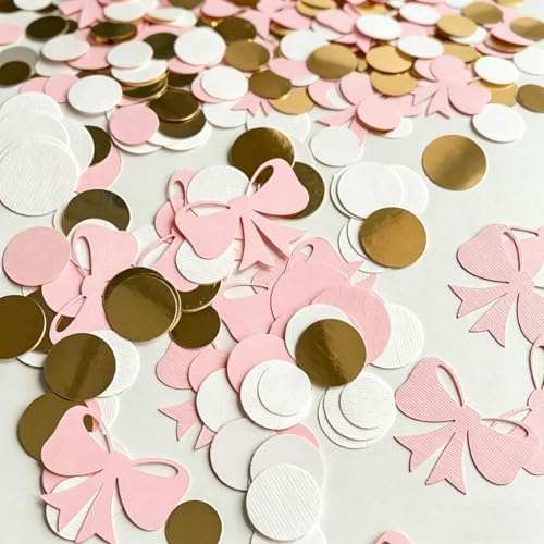 Tourima 100 Stück Rosa Konfetti mit Schleifen Deko, 4 cm Schleifen & 2,5 cm Punkte, Streudeko Geburtstag, Tischdeko Geburtstag, JGA & Galentines Deko, Torten Deko, Rosa Geburtstagsdeko
