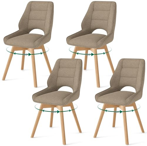 WAFTING 4er Set Drehbar Esszimmerstühle mit Massivholz Holzbeine,Braun | Nordische Stühle Esszimmer mit Ausgesparter Rückenlehne, Massivbuchenbeine Stabil Für Esszimmer, Küche, Wohnzimmer