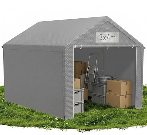 QEENTOE Lagerzelt 3x4 m Wasserdicht Reißfest, Stabiler Industriezelt Garagenzelt mit geschlossenen Wänden, Robuste PVC & PE-Plane für Lagerung Auto und Außenbereich Grau