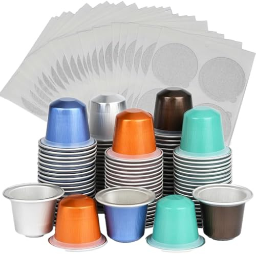 NONDK Lot de 100 Capsules de Café Vides en Aluminium, Remplissables, avec Couvercles Autocollants pour Vos Propres Dosettes D'.