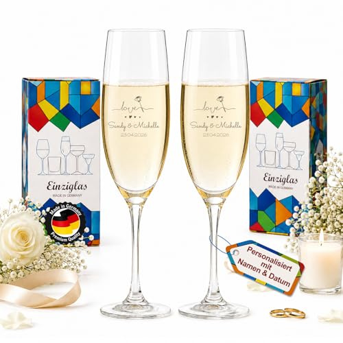 glastal Personalisiert Sektgläser mit Gravur Namen Datum Hochzeit Geschenk | Leonardo Sektgläser 2er Set, Hochzeitsgeschenk für Brautpaar, 200ml Geschenk zur Verlobung Jahrestag (Herz) - Made in Germany