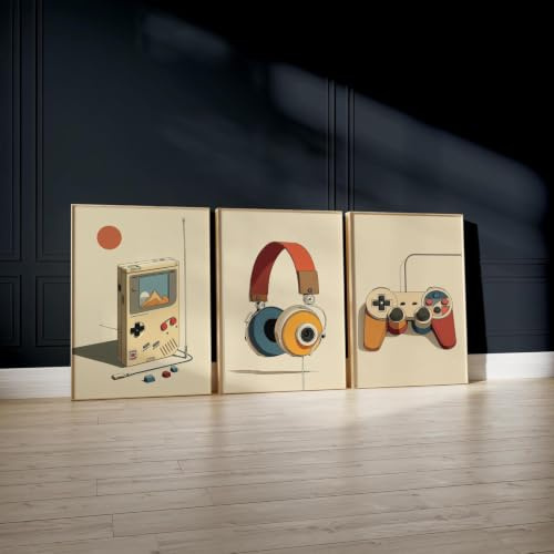 JORCEDI 3er Poster Set Retro Gaming Motive Handheld Kopfhörer Controller, Boho Wanddekoration für Jugendzimmer & Büro, hochwertiger Druck, ohne Rahmen (30 * 40cm)