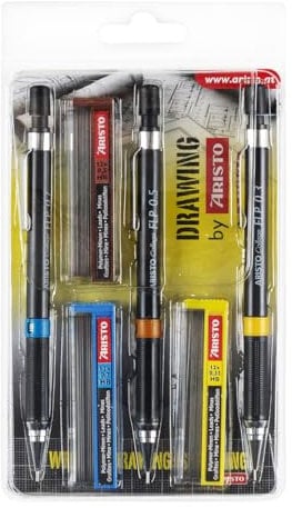 Aristo AR23559 Druckbleistifte College FLP 3er Set (Minen 0.35/0.5/0.7 mm, Härtegrad HB, inkl. Ersatzminen) schwarz