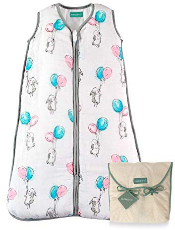 molis&co. Gigoteuse pour bébé. 0.5 TOG. Idéal pour l’été. 18 à 36 Mois (95 cm). Très Douce et légère. Imprimé Lapins et Ballons Unisexe dans des Tons Bleu et Rose. Mousseline Premium.
