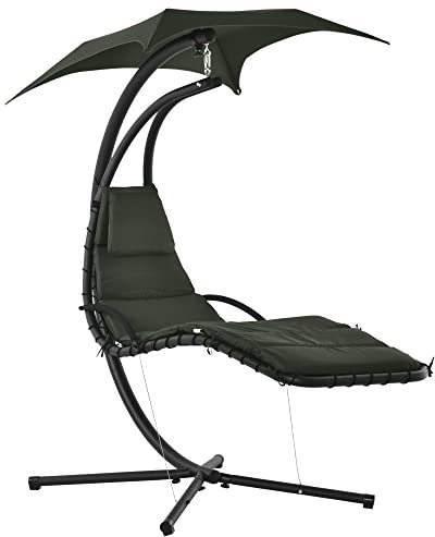 Outsunny Bain de Soleil transat Suspendu Chaise Suspendu Extérieur avec Pare-Soleil et Matelas Design Contemporain 190L x 110l x 190H cm Acier Polyester Gris foncé Noir