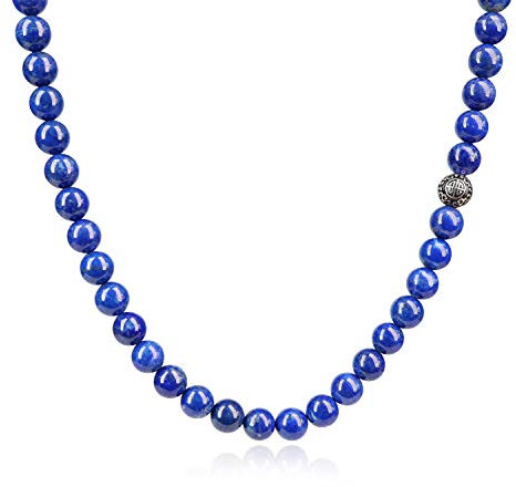COAI Geschenkideen Herren Halskette aus Lapislazuli Perlenkette Bead Kette mit Chinesischer Langlebigkeit Charm aus Silber 55cm