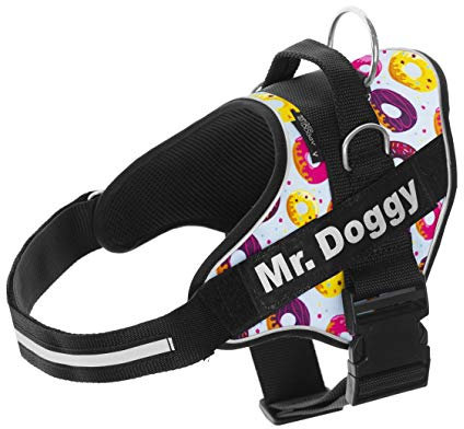 MR. DOGGY Personalisiertes Hundegeschirr - reflektierendes Geschirr für Hunde - inklusive 2 Namensschilder - alle Größen - hochwertig und robust (Donuts, XS 3-7KG)