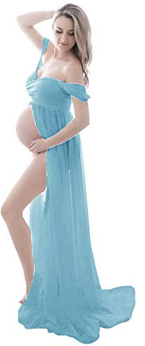 FEOYA Robes Enceintes Maternité Photographie Robe Sexy Longue Jupe en Mousseline de Soie Fente Avant pour Souvenirs Photographie Bleu Clair L
