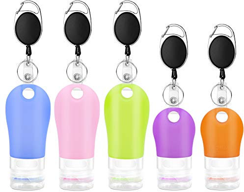 3 Pcs 60ml & 2 Pcs 38ml Travel Silicone Refillable Bottles Set with Extendable Carabiner Clip Leak-Proof Bottles Hand Sanitizer Containers Portable Travel Bottles for Liquid Hand Soap Toiletries