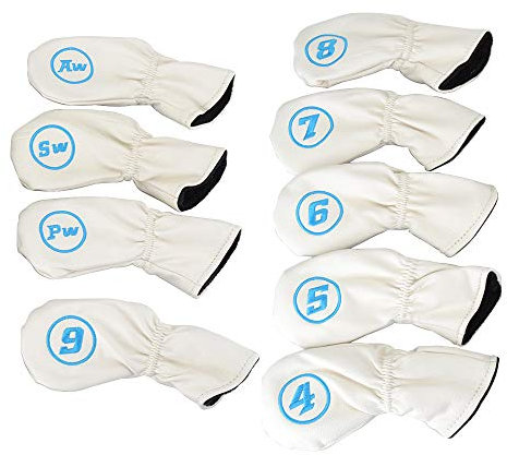 PLUSKER 9PCS White Golf Club Iron Head Covers Set with Funny Puppy Pattern and Number Tags Synthetic Leather Headcovers for Male/Female Golfers
