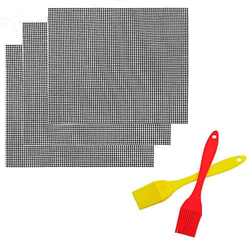 3er Set Gitter Grillmatte ,Backmatte Eckig, Dauer-Backmatten, Antihaftbeschichtung ,Mit 2 Ölbürsten( 40 * 33cm)Grillbedarf