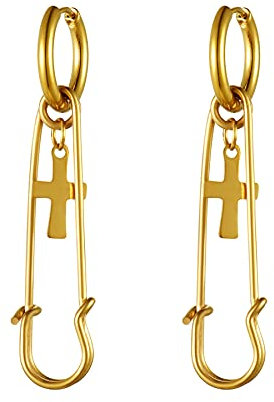 JewelryWe Schmuck Herren Ohrringe Creolen mit Sicherheitsnadel & Kreuz Anhänger Edelstahl Ohrstecker Ohrpiercing für Damen Gold