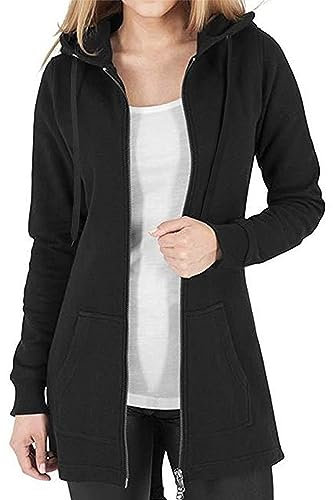 Felpe con Cappuccio Donna Manica Lunga Cappotto con Zip Cappotto Scollo a V Top Casual Chic Eleganti Tinta Unita Felpa Cardigan Autunno Invernali Felpe,Nero XL