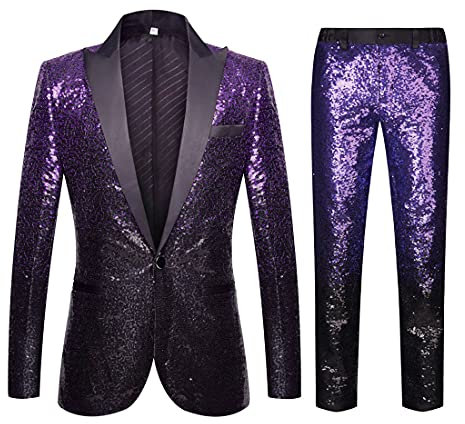 CARFFIV Mens Fashion Gradient Colori Paillettes Due Pezzi Set Abiti (XS, Purple Black)