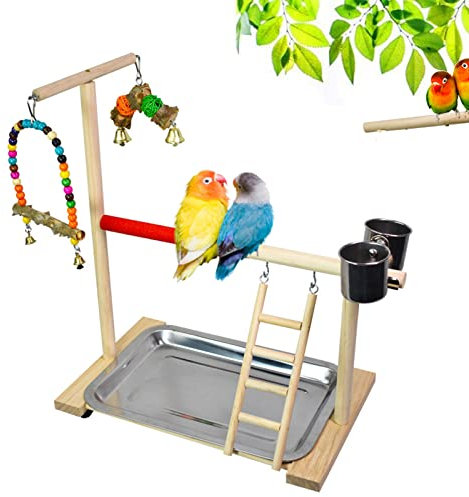 RoseFlower Vogelspielplatz Papageien Spielplatz, Naturholz Vogel Spielständer mit Feeder Cups Leiter, Kauspielzeug, Haustier Übungsspiel Sitzstange Vogelzubehör für Papageien Nymphensittiche Vogel#1