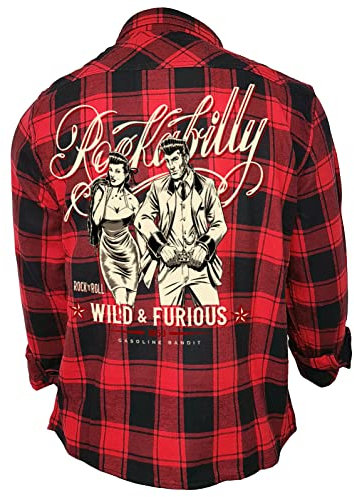 Gasoline Bandit Rockabilly Worker Herren-Hemd schwarz-rot kariert Reine Baumwolle - Wild an Furious S