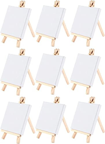 Norhogo 9 Stück Mini Leinwand mit Mini Staffelei, Kleine Tischstaffelei Holz StäNder Stativ Zum Zeichnen, Leinwand Malen Mit ÖL Wasserfarben, Tisch Deko & Basteln