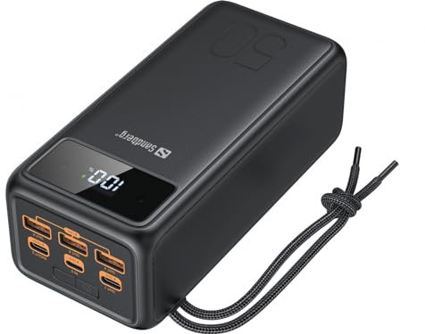 Sandberg Powerbank USB-C PD 130W 50000, Mobiles Ladegerät mit hoher Kapazität für Telefone Tablets Laptops, 20 Ladezyklen, Taschenlampe, Lädt 5 Geräte gleichzeitig, 50000 mAh, Mobile Powerbank