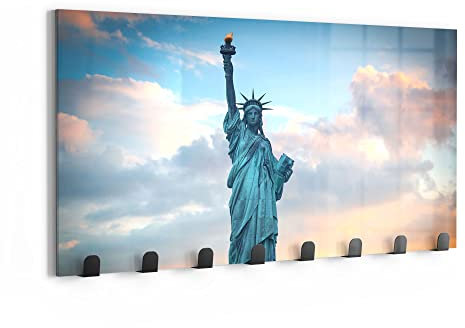 DEQORI Wandgarderobe Glas & Metall | Motiv New Yorks Lady Liberty | 60x30 cm | Design Haken-Leiste modern | Garderoben-Paneel für Flur, Wohnzimmer & Schlafzimmer | magnetisch & beschreibbar
