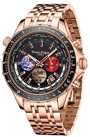 SWAN AND EDGAR World Timer Mechaquartz Chronograph Designer Watch for Men with Saphire Glass, Hand Assembled 30m Water Resistant Analogue Men's Watch - Rose Gold Black