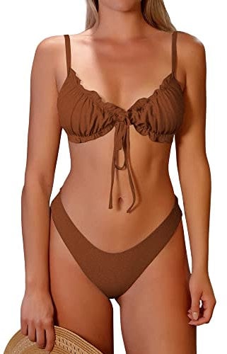 ZAFUL Damen Triangel Bikini Floral Rüschen Fliege Tie Up Bikini Set Zweiteiliger Badeanzug, B-braun, X-Large