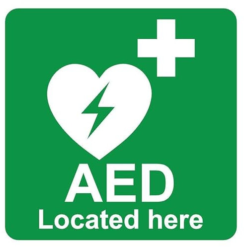 AED located here emergency floor sticker – Selbstklebender Aufkleber (200 mm x 200 mm)