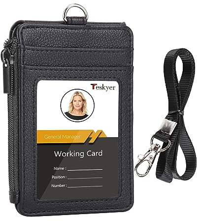 Teskyer Porte Badge tour de Cou, Portefeuilles de Carte de Crédit Minces, Porte Carte avec Poche à Glissière, 1 Fenêtre d’Identification, peut Contenir Jusqu’à 4 Cartes, Cuir PU, Noir