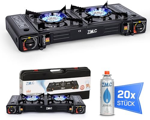 Z.M.C Hornillo de gas para camping con 20 cartuchos de gas de 227 g, 2,5 kW, incluye adaptador para conexión LPG + maletín de almacenamiento, set de hornillo de camping con encendido piezoeléctrico,
