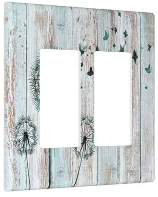 Cubierta de interruptor de luz decorativa de madera rústica de diente de león retro azul y gris, 2 bandas, decoración vintage, cubierta de enchufe de campo, placa de pared eléctrica, cubierta de