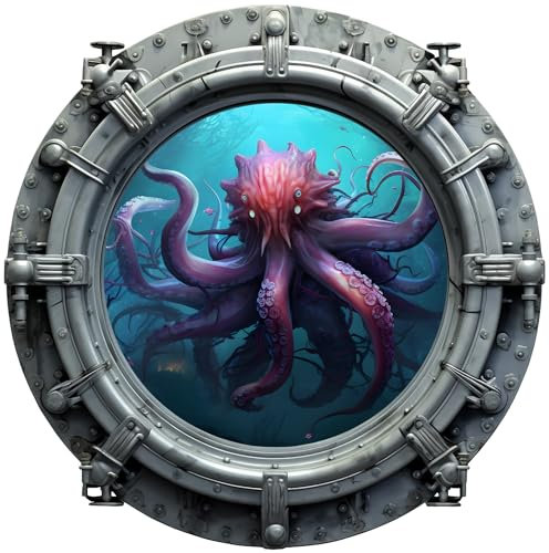 Samunshi Wandtattoo Bullauge mit Monster Krake Fenster in andere Welt Portal Schiffsfenster Kinderzimmer Wandaufkleber (50x50cm Monster Krake)