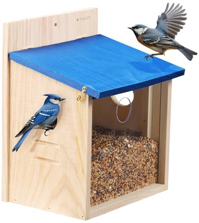 Navaris Vogelhaus - Vogelfutterhaus aus Holz - Vogelhäuschen - Vogelhaus mit Futterspender - Austauschbare Front - Mit Schutzdach für kleine Vögel - Kiefernholz
