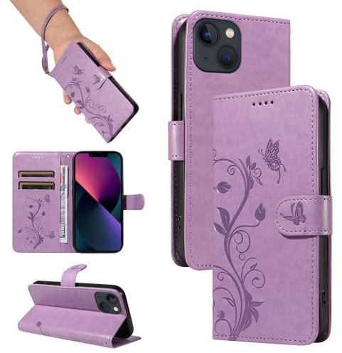 SRISHP Hülle für iPhone 13 Hülle, Premium PU Leder Handyhülle mit Band, Magnet Flip Case für iPhone 13, Violett