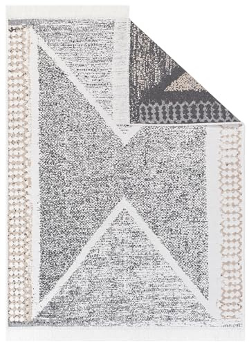 TAPISO Azteca Teppich Kurzflor mit Fransen Grau Creme Baumwolle Waschbar Beidseitig Anwendbar Fransenteppich Wohnzimmer Schlafzimmer Küche ÖKOTEX 120 x 170 cm
