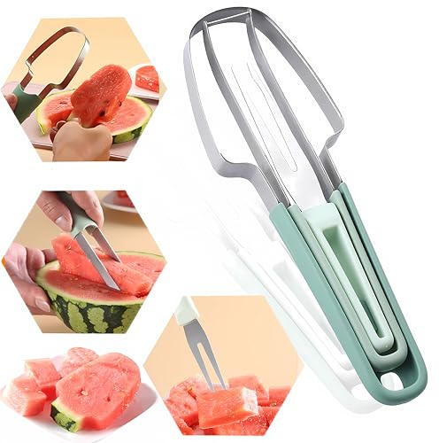 FMOYSIEN Coupe-pastèque 3 en 1 en acier inoxydable - Coupe-pastèque - Coupe-pastèque - Moule à sucettes glacées - Fourchette à pastèque - Outil de coupe de fruits pour ustensiles de cuisine