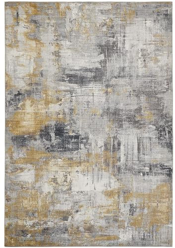 -LUXOR- living Teppich Wohnzimmer Prima im Vintage Design - Wohnzimmerteppich Teppich Kurzflor Digitaldruck in zeitlosem Design Grau-gelb 80 x 200 cm