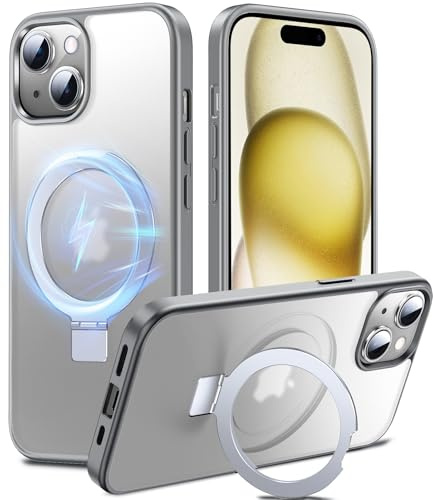 Chicfun 3-in-1 MagStänder für iPhone 15 Hülle für MagSafe, [Nr. 1 Magnetkraft+Handlicher Ständer+Militär Stoßfest] Schutzhülle Handyhülle iPhone 15 Case Cover Silikon Bumper, Grau
