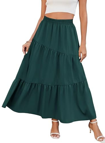 Timuspo Maxirock Damen Lang Skirt Midi Rock mit Taschen Elegant Einfarbig A-Line Hohe Taille Sommer Rüschensaum Strandrock Freizeitrock Grün M