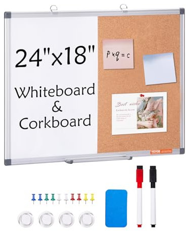 VEVOR Combo Tableau Blanc et Tableau en Liège 60x45 cm, Tableau d'Affichage Magnétique Effaçable à Sec, avec Cadre en Aluminium, Montage Mural, pour Épingler Mémo Notes Photos Bureau Maison École