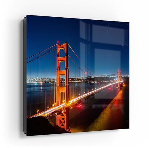 DEQORI Schlüsselkasten schwarz | 30x30 cm | Motiv San Francisco bei Nacht | Glas & Metall Schlüssel-Box | Schlüsselschrank mit 50 Haken + 2 Magnete | Moderne Box magnetisch & beschreibbar