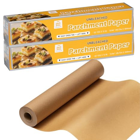 24/7 Bags- Parchment Paper Roll, 300 Sq Ft, 12 Wide, Non-Stick, Unbleached, Food Safe, Serrated Cutter, for Baking, Air-Fryer & Cooking (2 Pack of 150 Sq Ft)