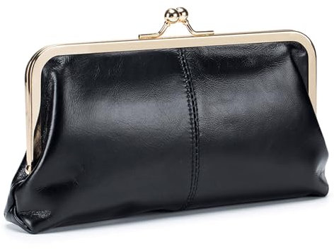 Karoukee Echtleder Große Geldbörse für Frauen, Vintage Damen Kuss-Schloss Portemonnaie, Elegante Handy Geldbeutel mit Reißverschluss Münzfach, Goldene Hardware, Schwarz