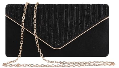 AOWVUTS Damen Clutch Glitzer Abendtasche Satin Elegante Envelope Tasche mit Abnehmbarer Kette Brauttasche Handtasche Hochzeit Kettentasche Umhängetasche Crossbody Schultertaschen für Party (Schwarz)