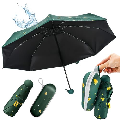 SLTAXAR Mini Paraguas con Estuche, Paraguas Plegable Pequeño con 8 Varillas, Paragua de Bolsillo para Mujer y Hombre, Paragua Compacto Portátil para Sol y Lluvia (Verde con corazón)