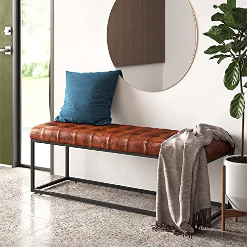 Eingangsbank aus Metall mit Kunstlederbezug und gepolstertem Sitz, rustikale Multifunktionsbank für Schlafzimmer, Esszimmer, Bettende, Braun, 90 x 35 x 43 cm