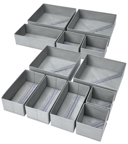 DIMJ 12Pack Drawer Organiser for Clothing - Foldable Dresser Dividers, Wardrobe Storage Organiser for Underwears, Nursery, Baby Clothes, Socks, Ties, Towel (Light Grey)