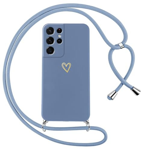 Oelrstfe Coque pour Samsung Galaxy S21 Ultra 5G avec Cordon de Collier Étui Housse Souple Silicone avec Motif Coeur et Portable Lanyard Réglable Antichoc Anti-Chute Bandoulière Lanière Case,Bleu